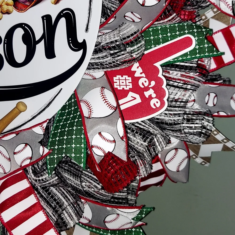 Hand Crafted ’Tis the Season Baseball Wreath - Red, Green, White